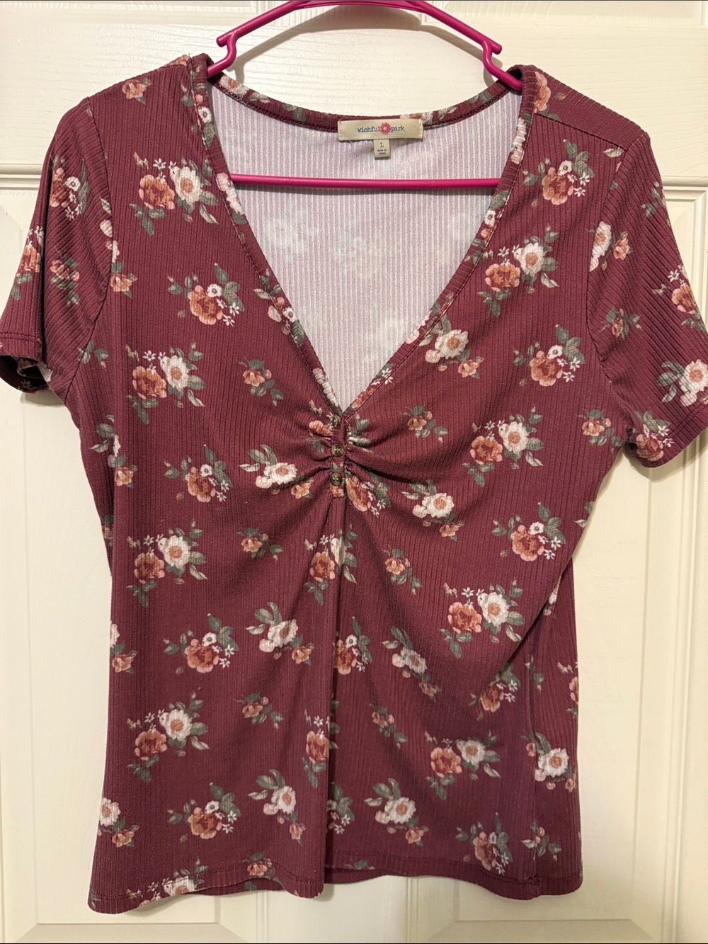 Floral Twist-Front V-Neck Top - Wine